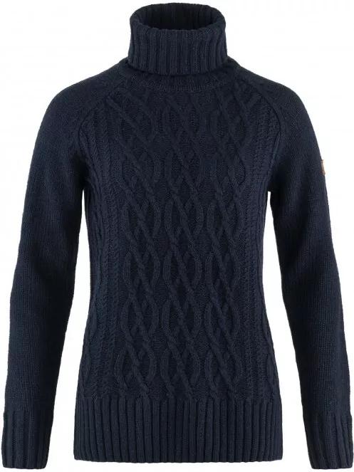 Fjallraven Övik Cable Knit Roller Neck W női kötött pulóver sötétkék színben 2