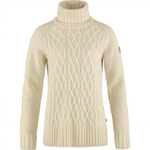 Fjallraven Övik Cable Knit Roller Neck W női kötött pulóver homok színben 2